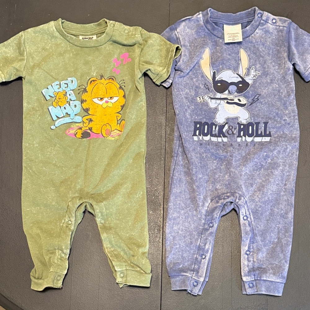 Acid wash style stitch and Garfield rompers